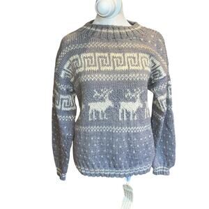 Hand knit VTG NWT Nordic Ski Sweater Grey Wool Reindeer Mens S Women M